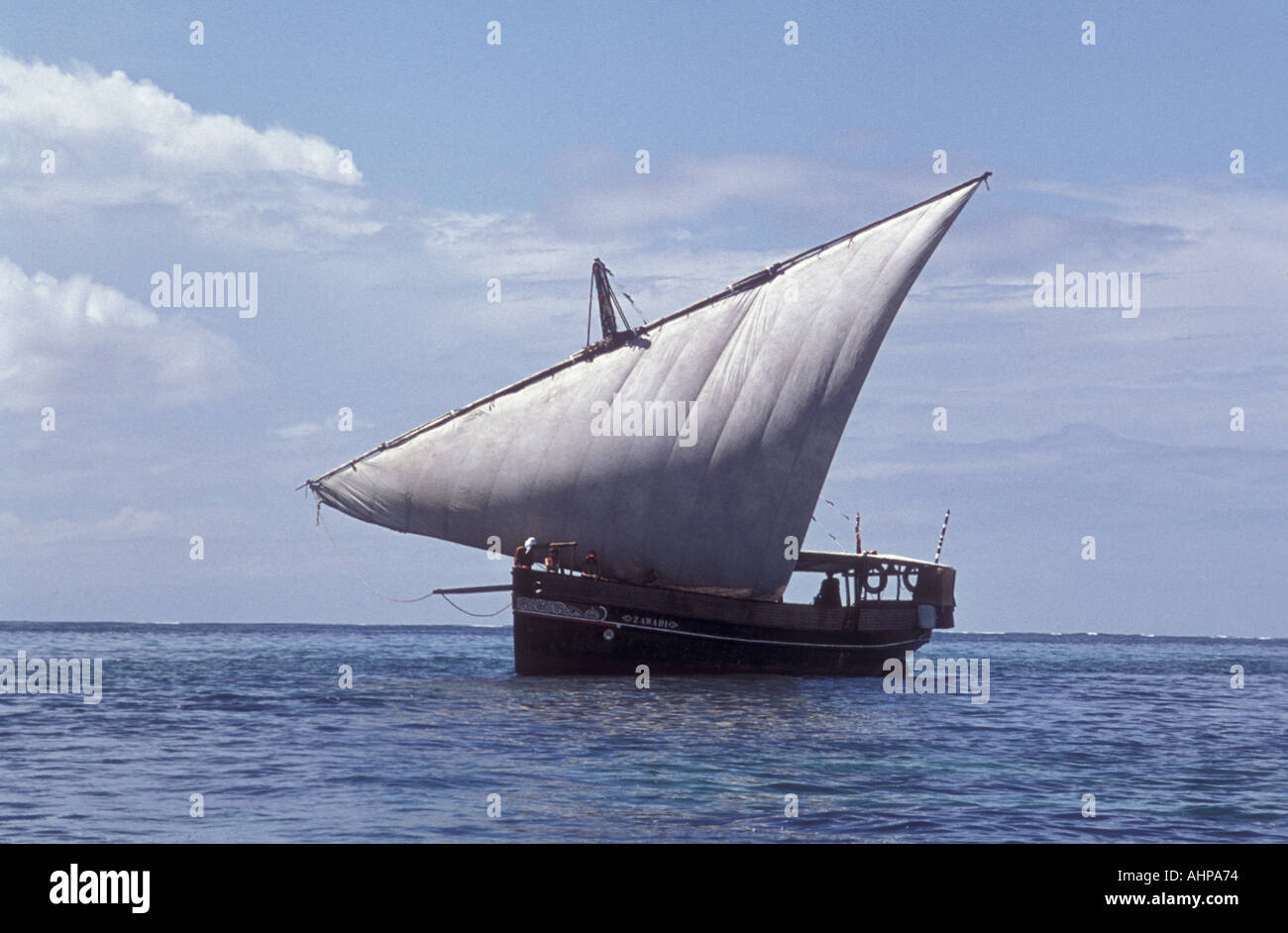 Ocean going Arabian style sailing dhow off the coast of Kenya East Africa Stock Photo