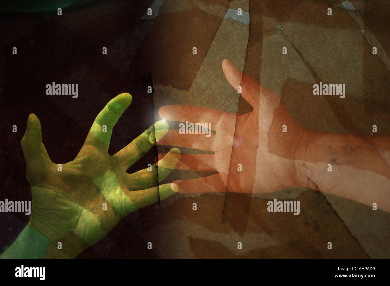 Hands reaching grasping collage technology concept Stock Photo
