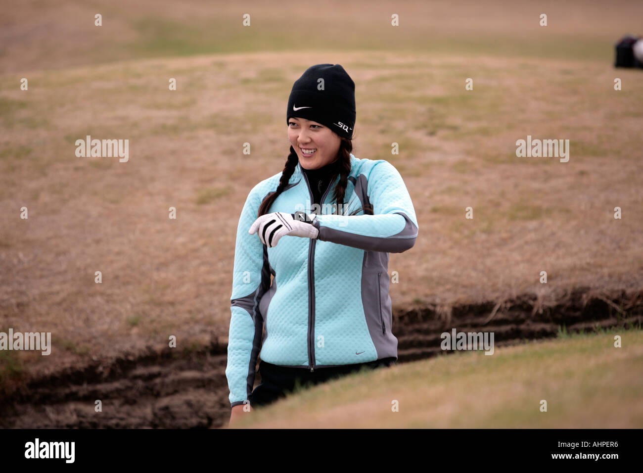 Michelle Wie in a pot bunker during the final days practice for the Weetabix Womens British Open at Royal Lytham in 2006. Stock Photo