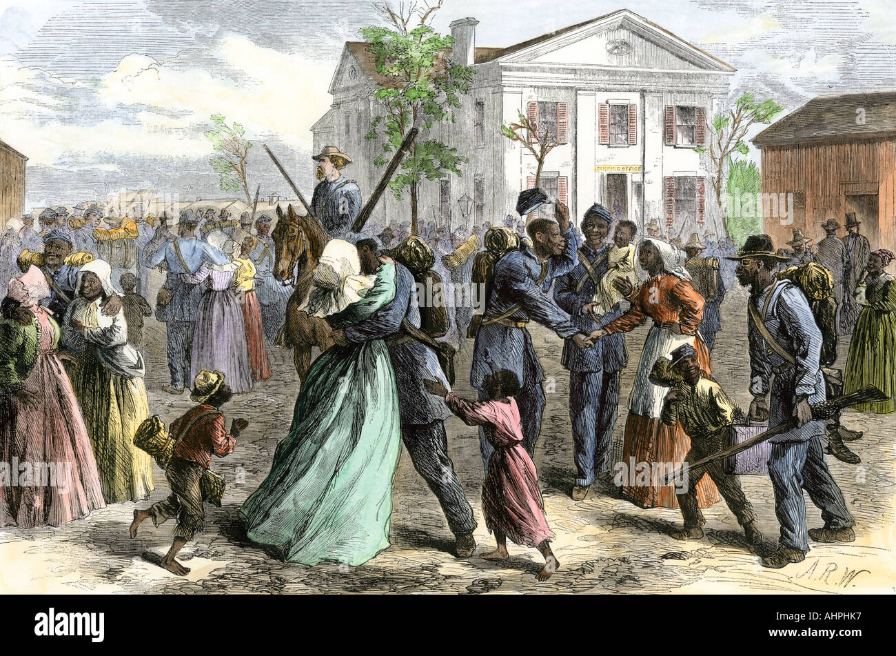 African-American soldiers mustered out of the Union Army at Little Rock Arkansas after the Civil War. Hand-colored woodcut Stock Photo