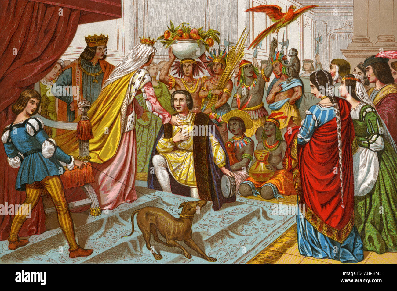 Columbus bringing gifts from the New World to Queen Isabella I of Spain 1492. Color lithograph Stock Photo