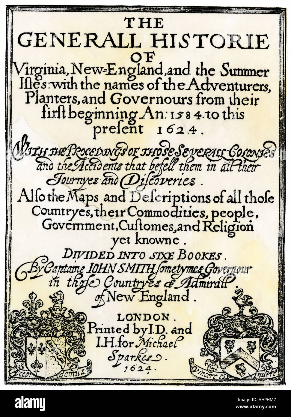 John Smith title page to his General Historie of Virginia New England and the Summer Isles printed in 1624. Woodcut with a watercolor wash Stock Photo