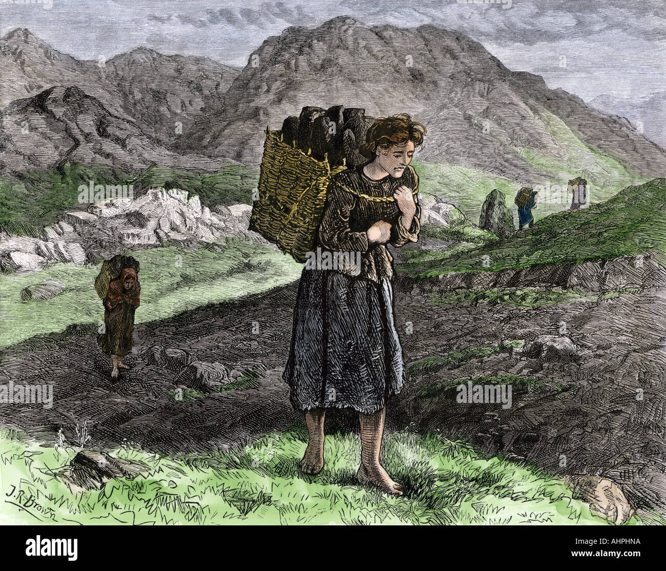 Irish peat-gatherers on the moors 1800s. Hand-colored woodcut Stock Photo