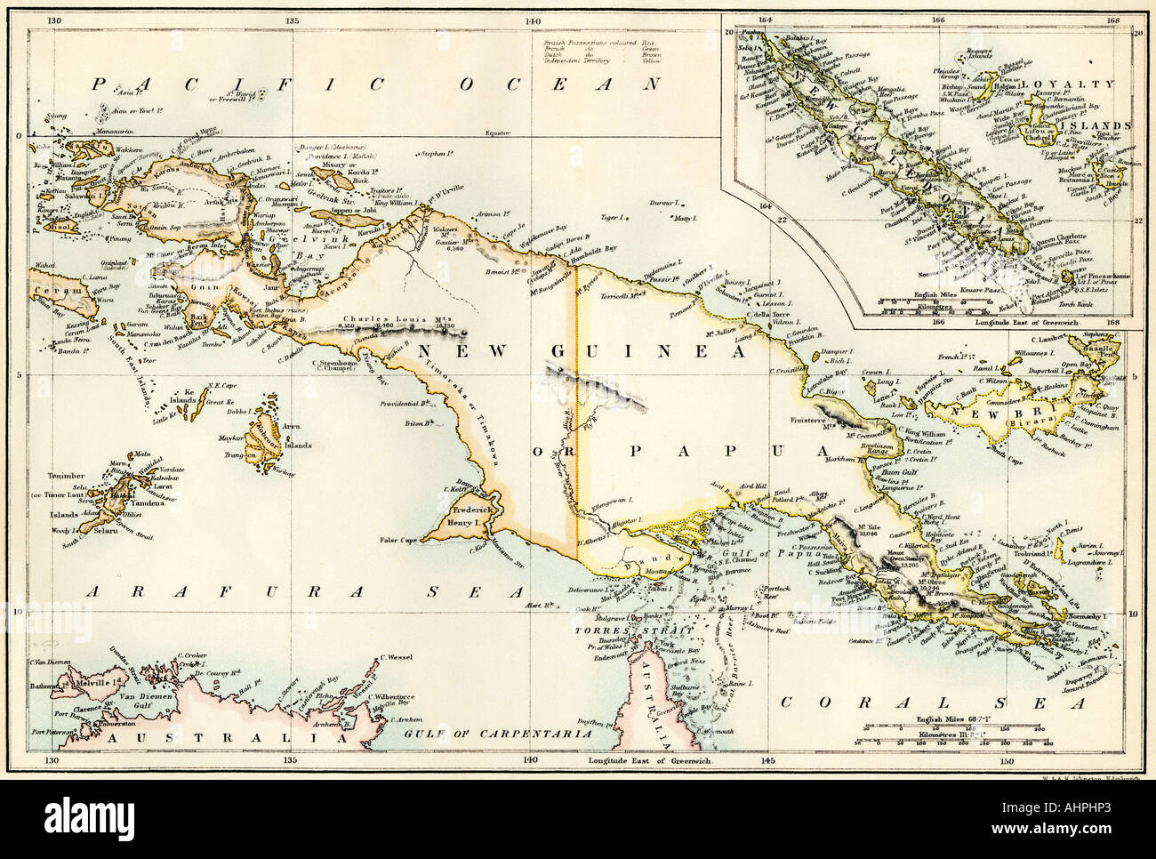 Map of Papua New Guinea and New Caledonia 1870s. Color lithograph Stock Photo
