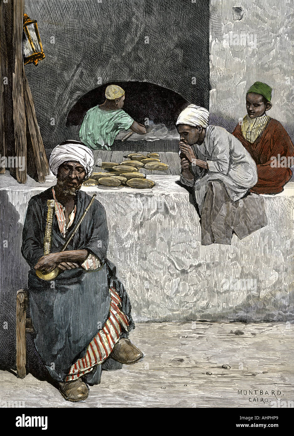 Arab bakers at their bread oven in Cairo Egypt 1880s. Hand-colored woodcut Stock Photo