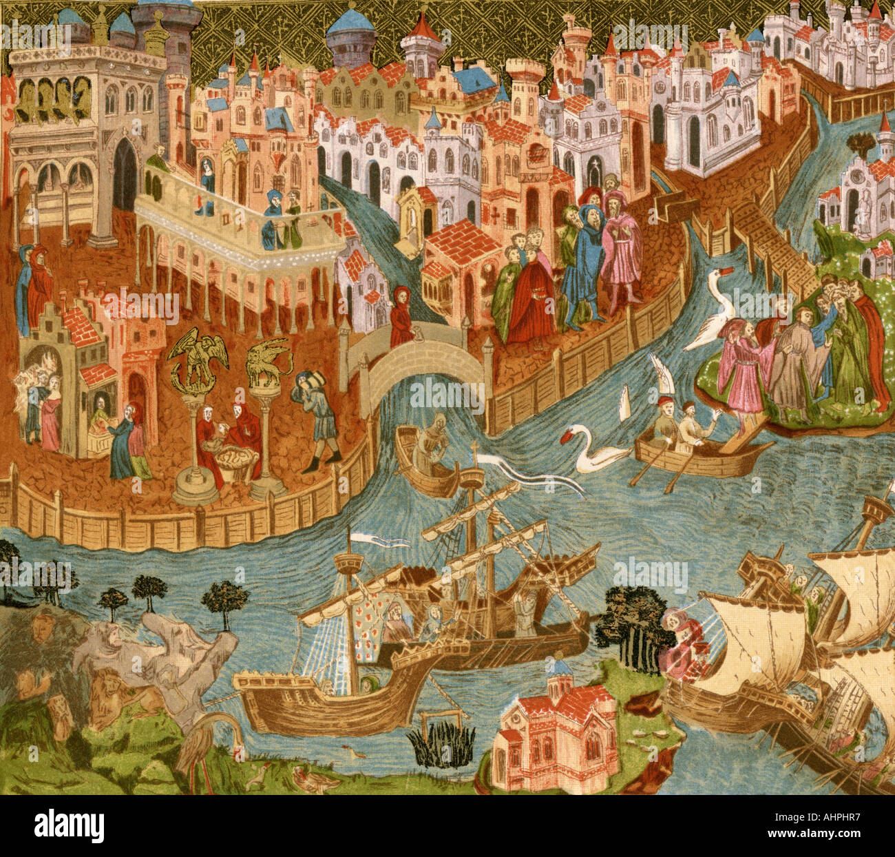 Marco Polo leaving Venice for China 1338. Color lithograph Stock Photo