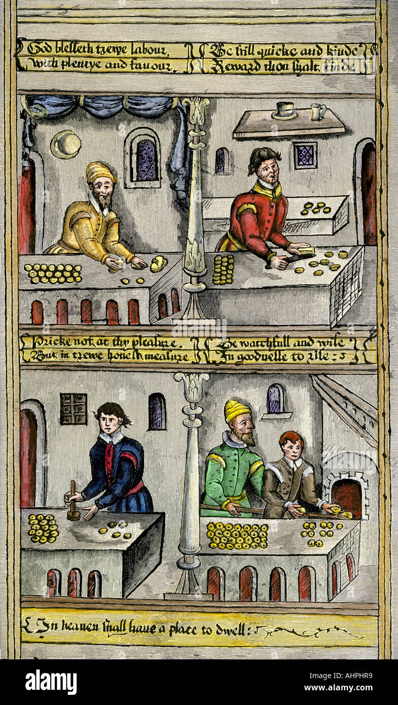 Bakers of York showing their guild ordinances England 1590s. Hand-colored woodcut Stock Photo