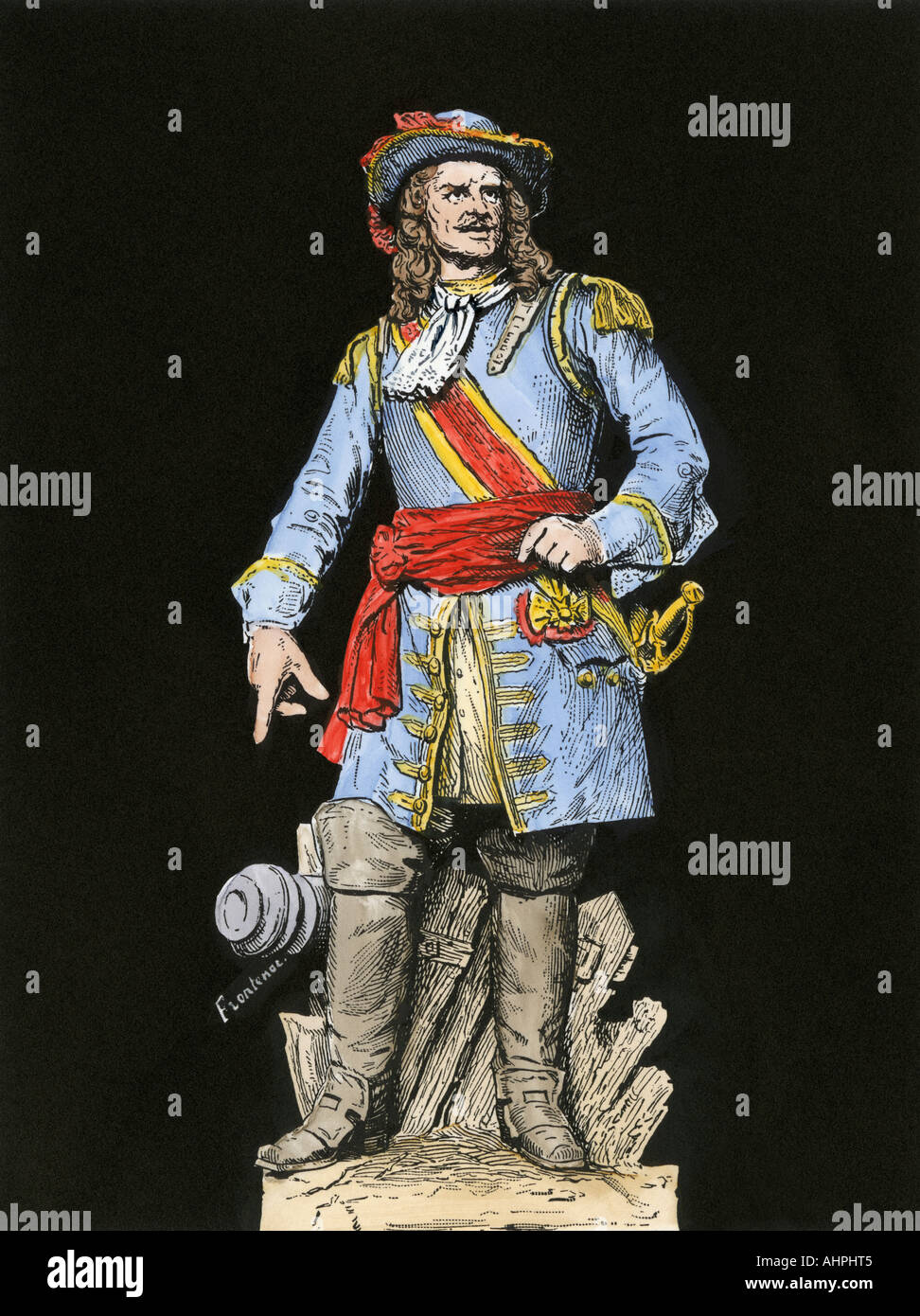 Louis de Buade Count Frontenac governer general of New France 1600s. Hand-colored woodcut Stock Photo