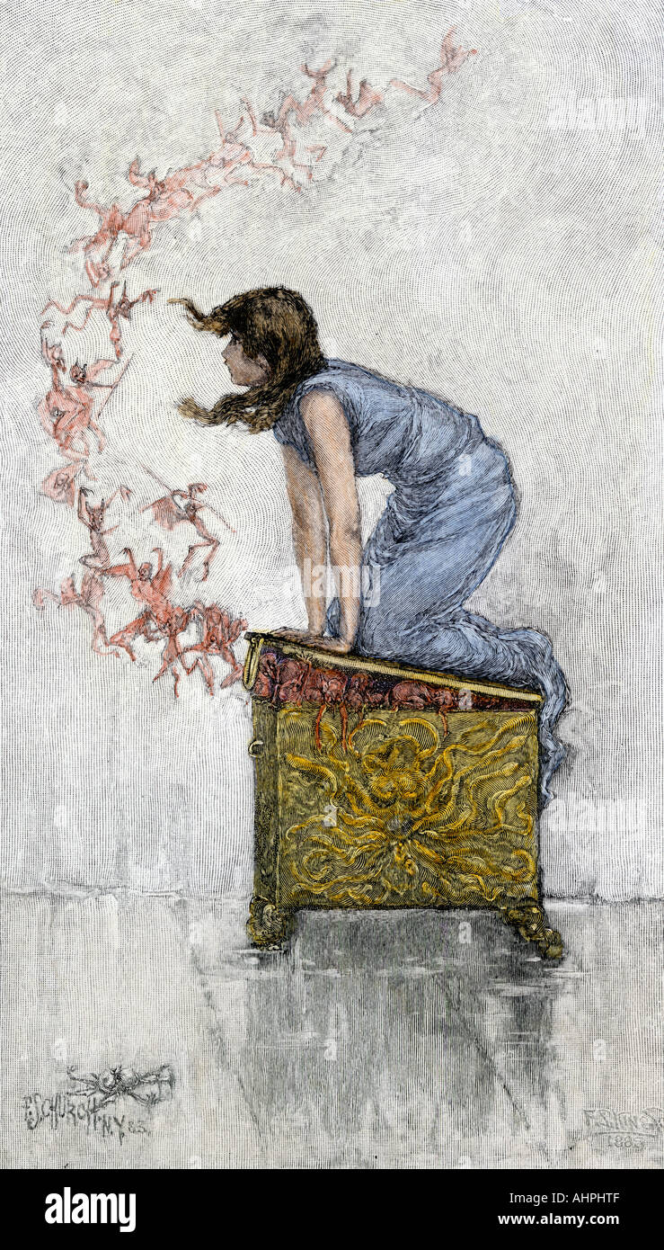 Pandora atop the opened box of evils from ancient Greek mythology. Hand-colored woodcut Stock Photo