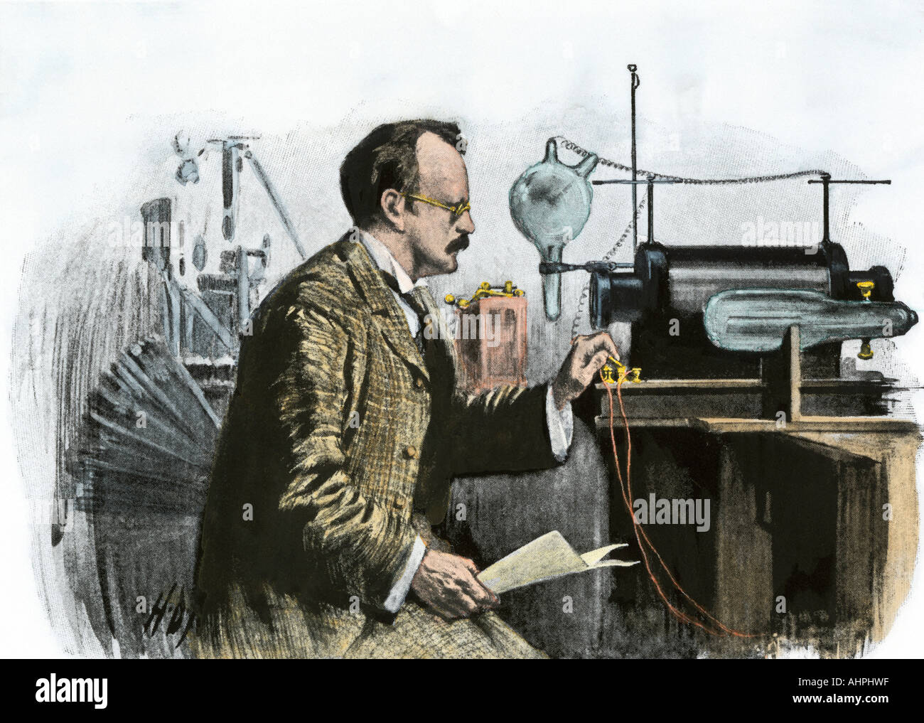 Physicist Joseph J Thomson studying radioactivity. Hand-colored halftone of an illustration Stock Photo