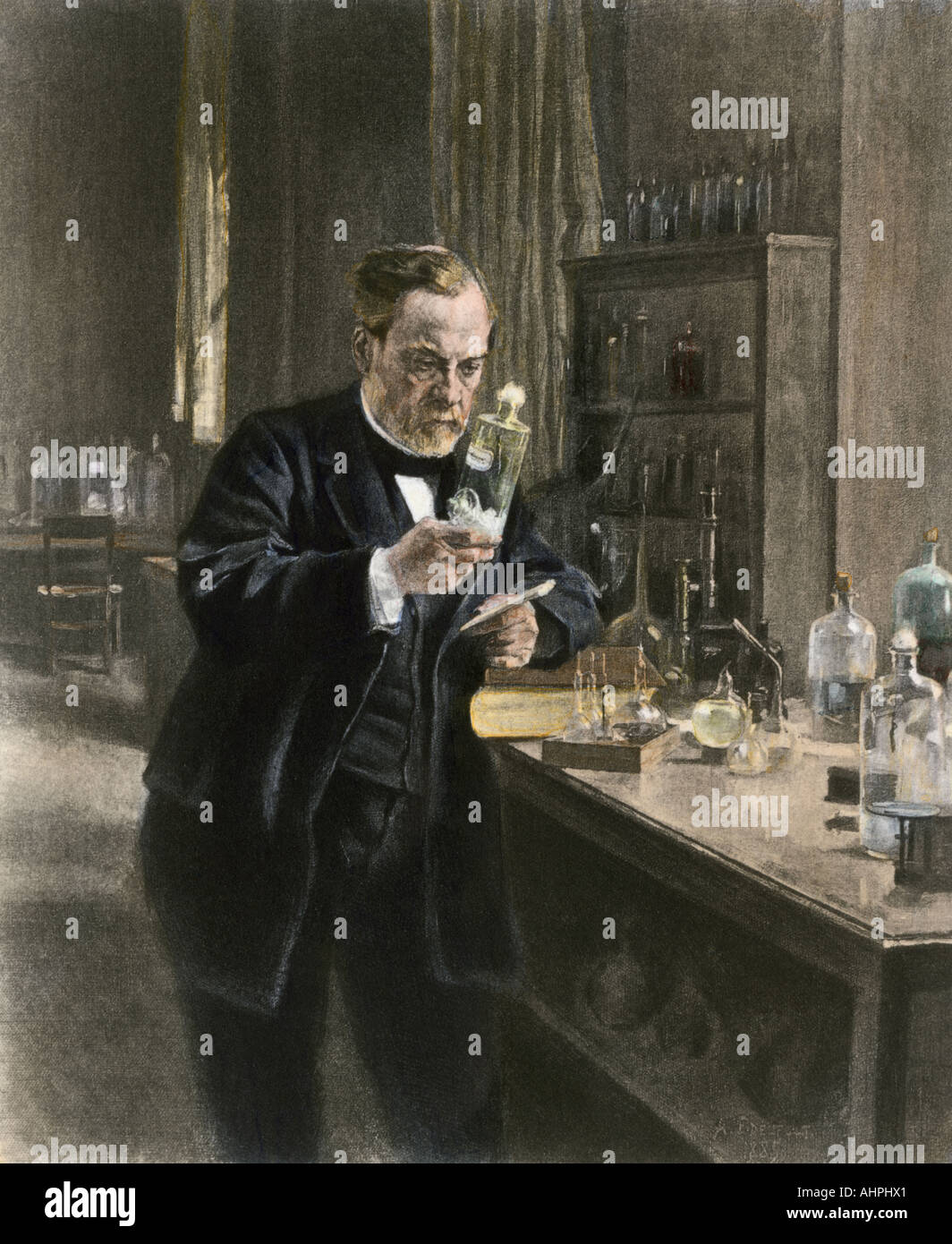 Louis Pasteur in his laboratory. Hand-colored photogravure of an illustration by Albert Edelfelt Stock Photo