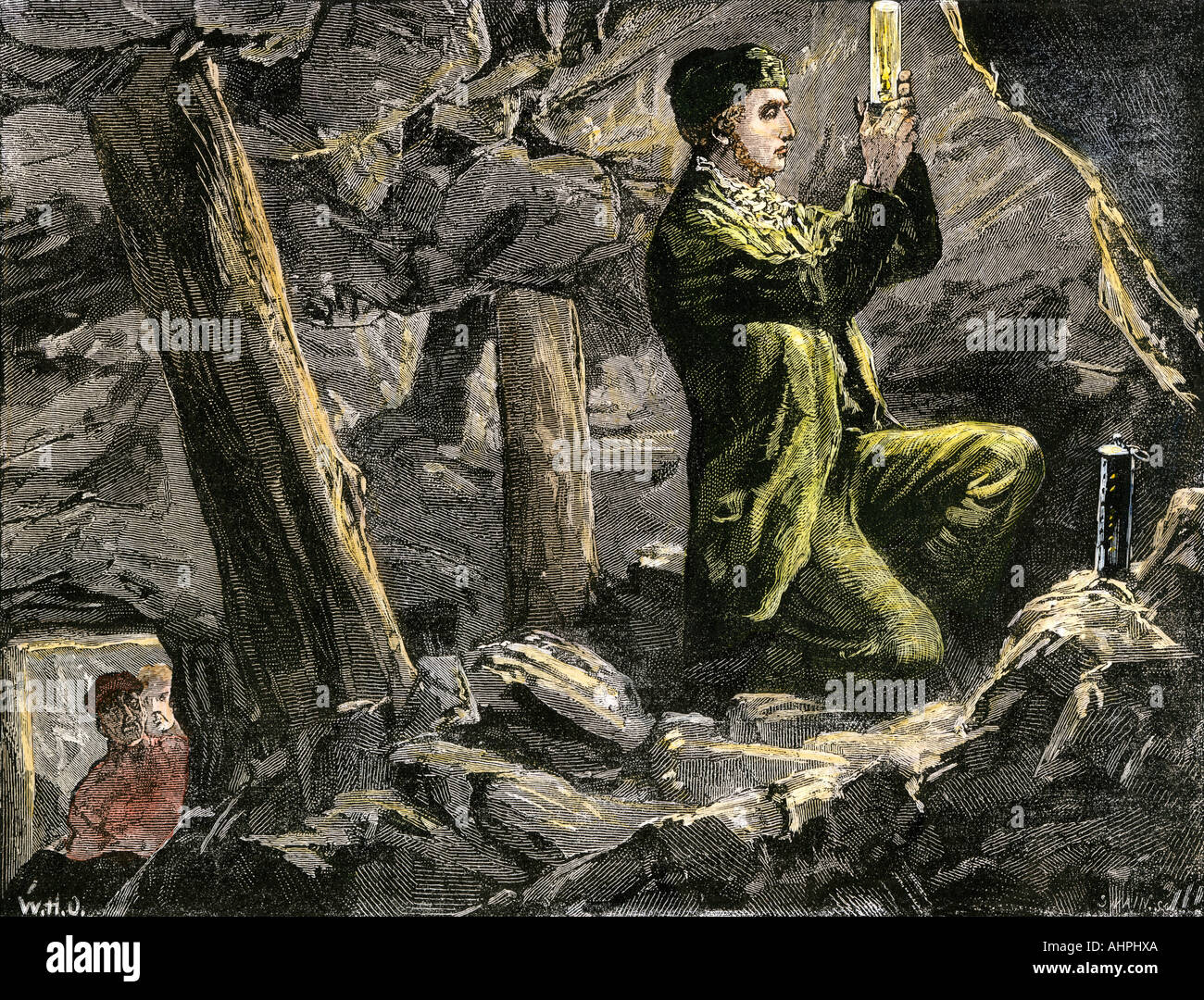 George Stephenson experimenting with his safety lamp in a coal mine England. Hand-colored woodcut Stock Photo