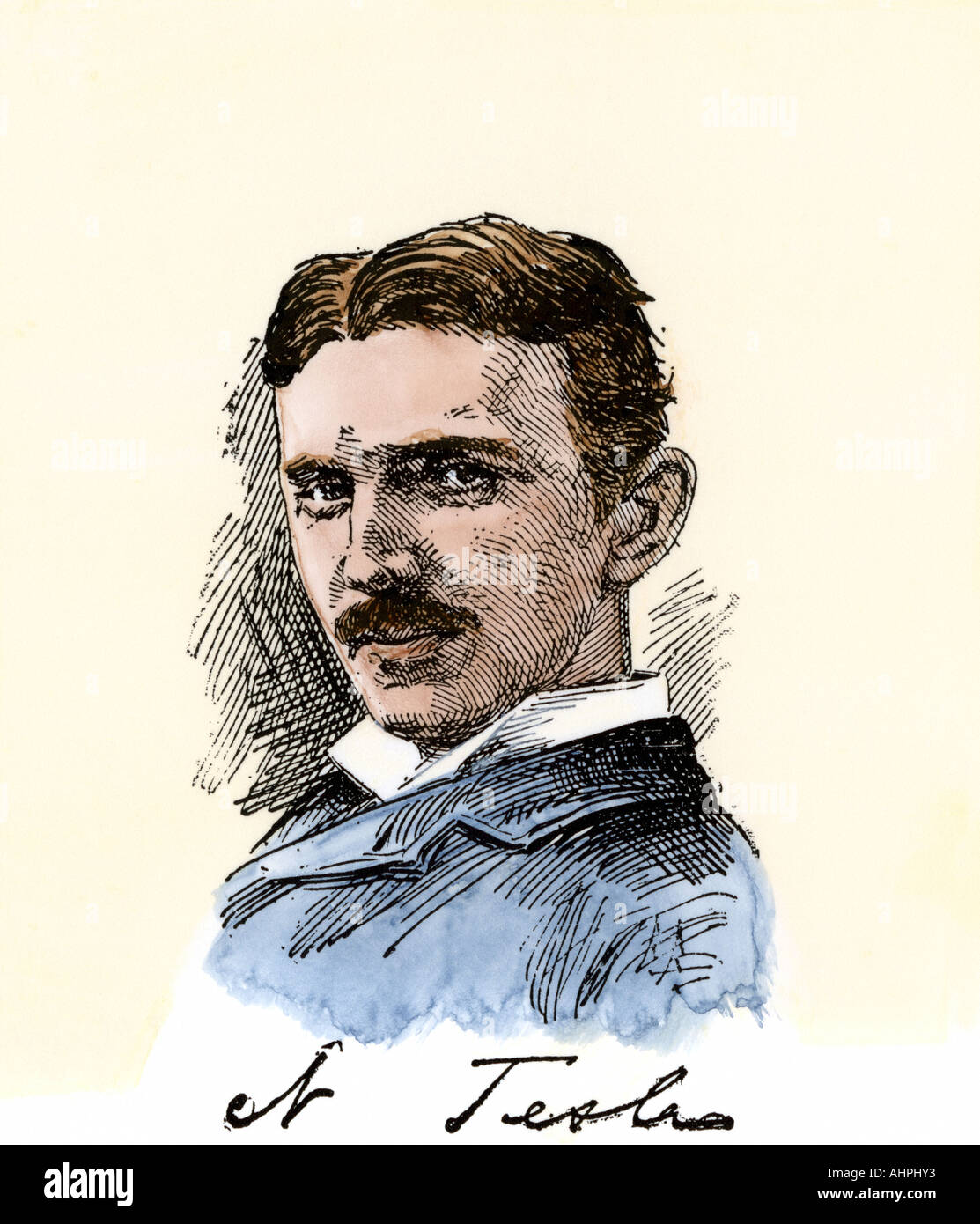 Inventor Nikola Tesla. Hand-colored woodcut Stock Photo