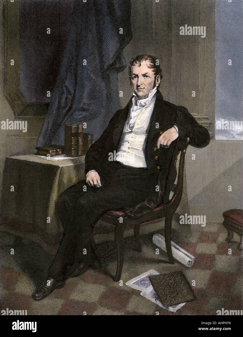 Eli Whitney seated. Hand-colored steel engraving Stock Photo