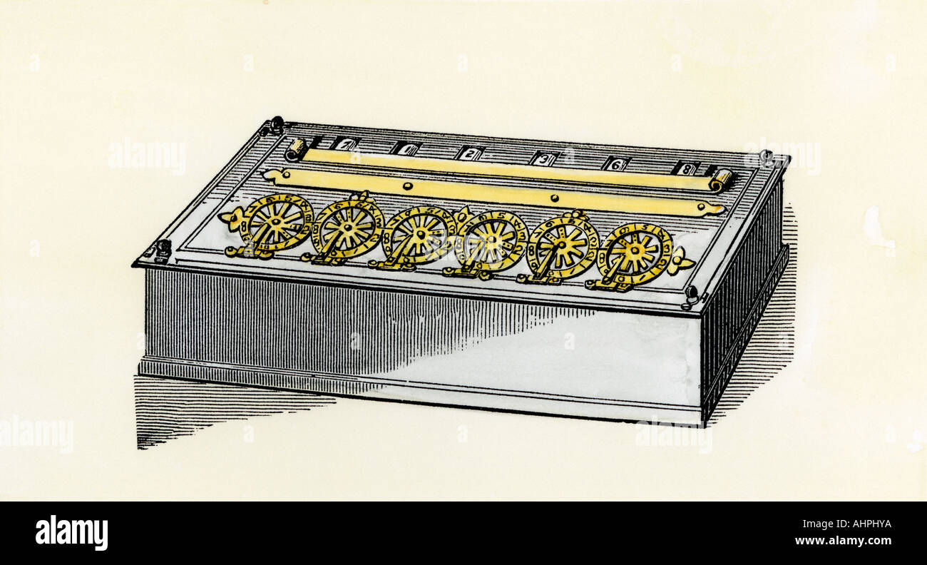 Calculator of Blaise Pascal 1600s a mechanical device for adding and subtracting. Hand-colored woodcut Stock Photo
