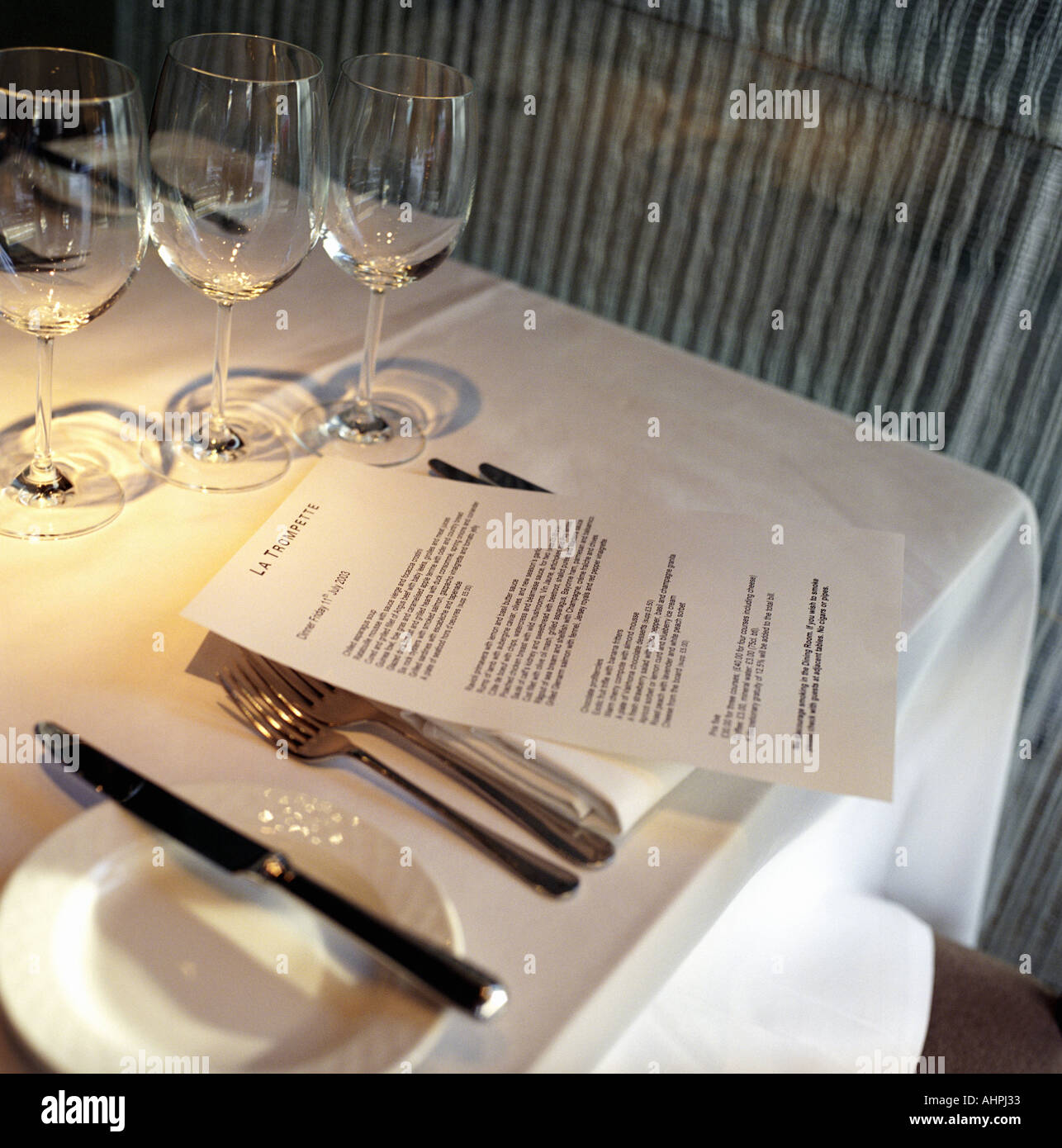 A table setting and menu at La Trompette restaurant chiswick london Stock  Photo - Alamy