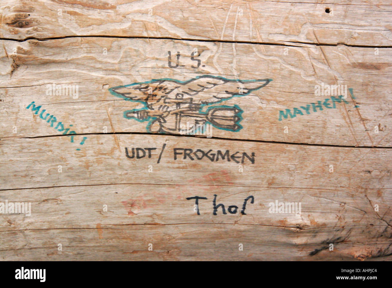 Willow Creek California USA Pacific Ocean Driftwood log with graffiti UDT Frogmen Frogman Stock Photo