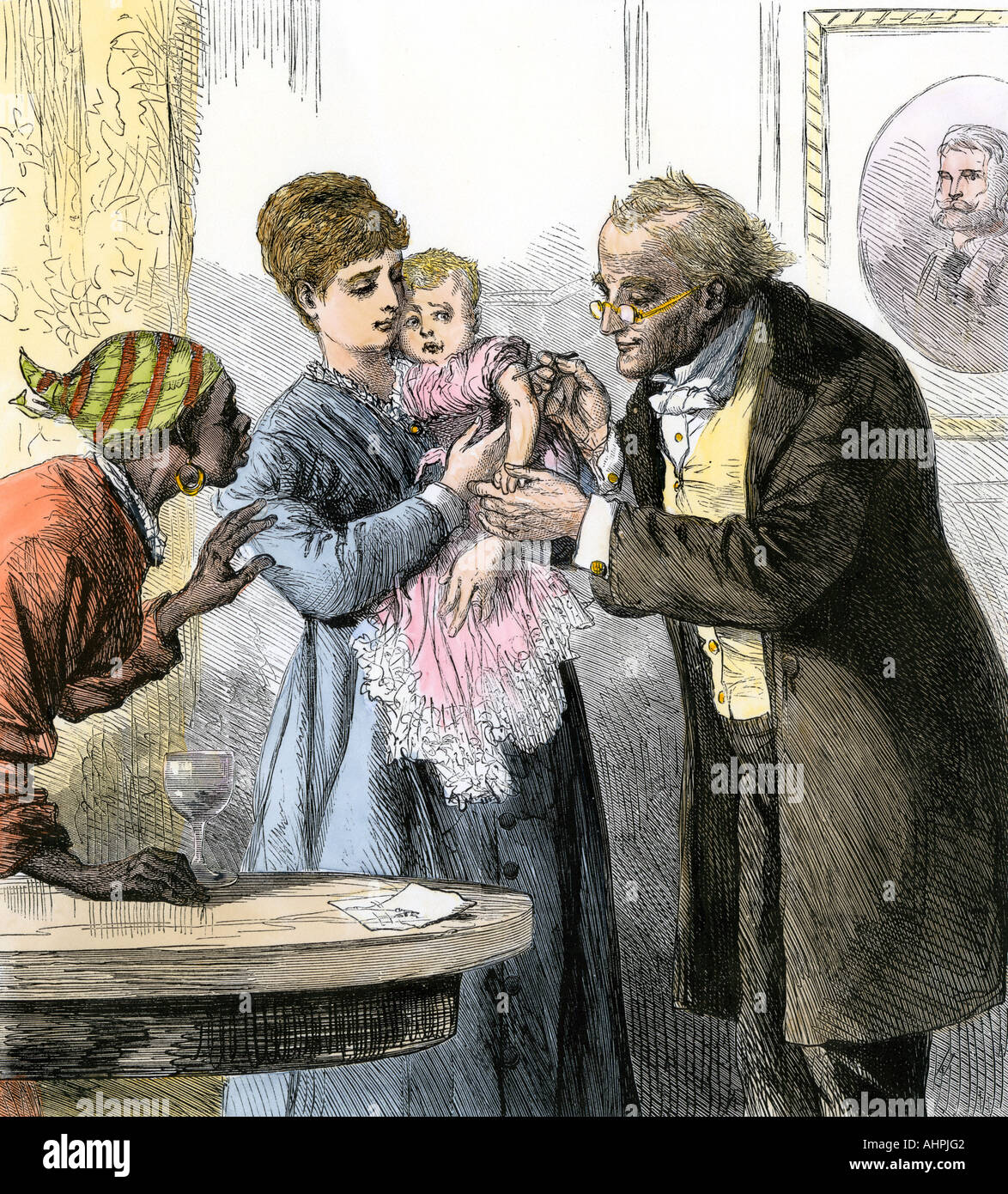 Physician vaccinating a baby against smallpox using live vaccine US circa 1870. Hand-colored woodcut Stock Photo