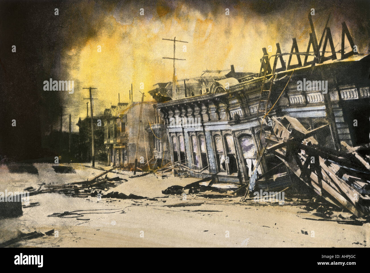 The Valencia Hotel where 75 persons were killed in the San Francisco earthquake of 1906. Hand-colored halftone of a photograph Stock Photo