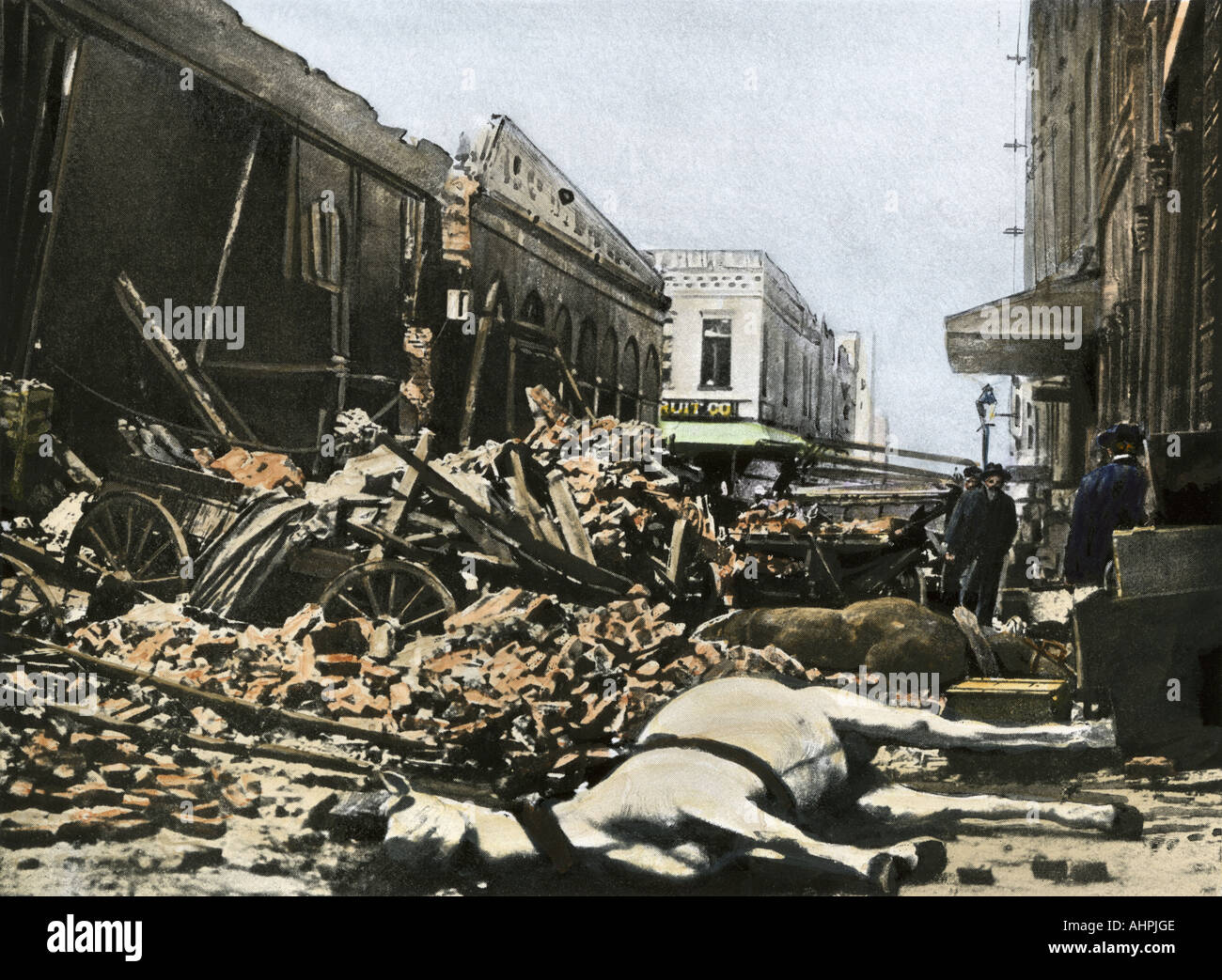 Ruins in Clay Street after the San Francisco earthquake 1906. Hand-colored halftone of a photograph Stock Photo