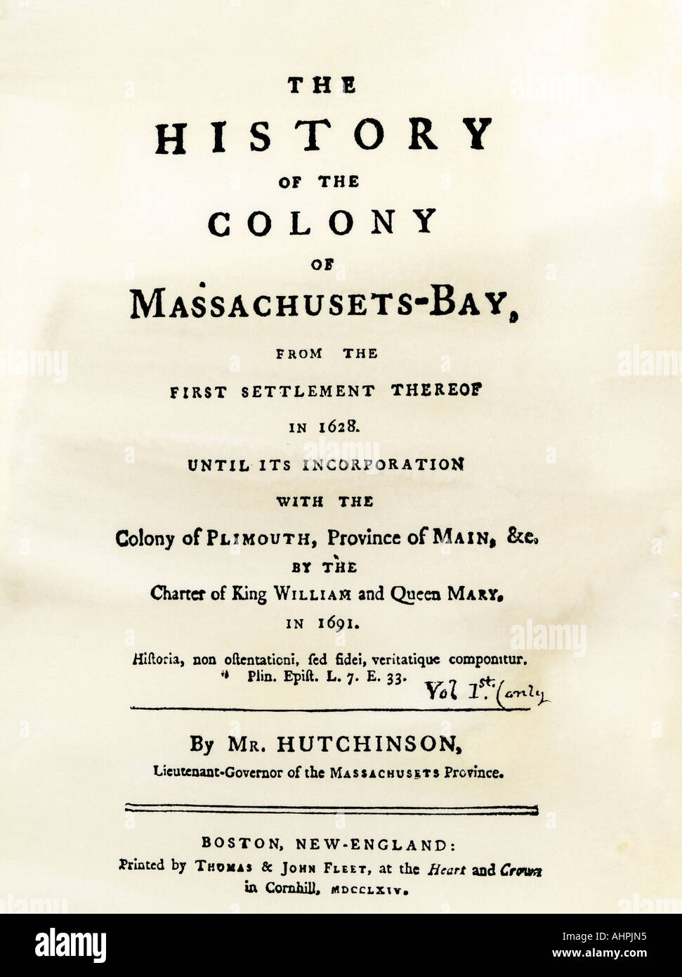 Title page of Thomas Hutchinson History of the Colony of Massachusetts Bay published in 1764. Woodcut with a watercolor wash Stock Photo