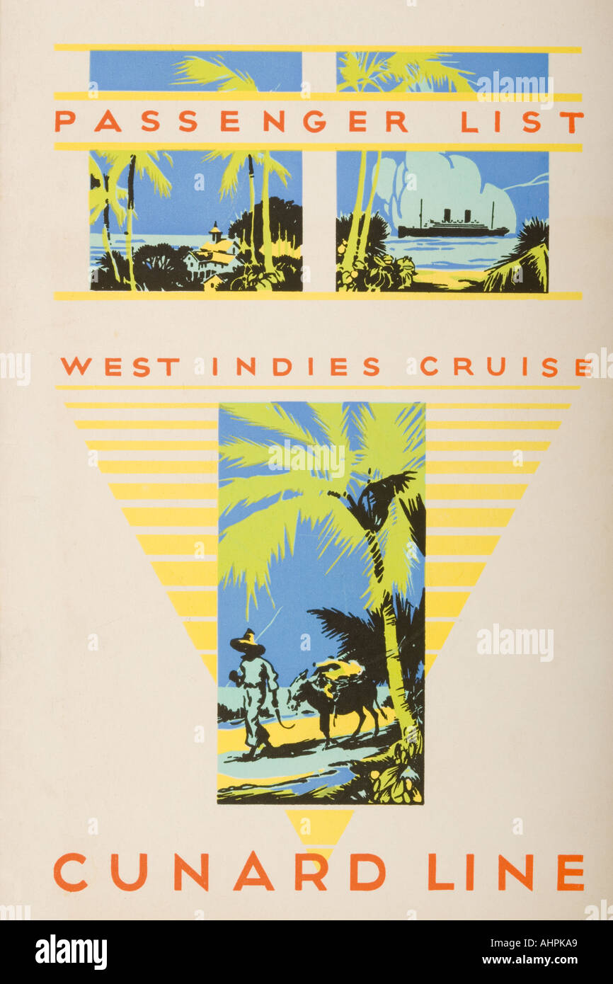 Passenger List West Indies Cruise Cunard Line S S Franconia, Tuesday December 2, 1930. Stock Photo