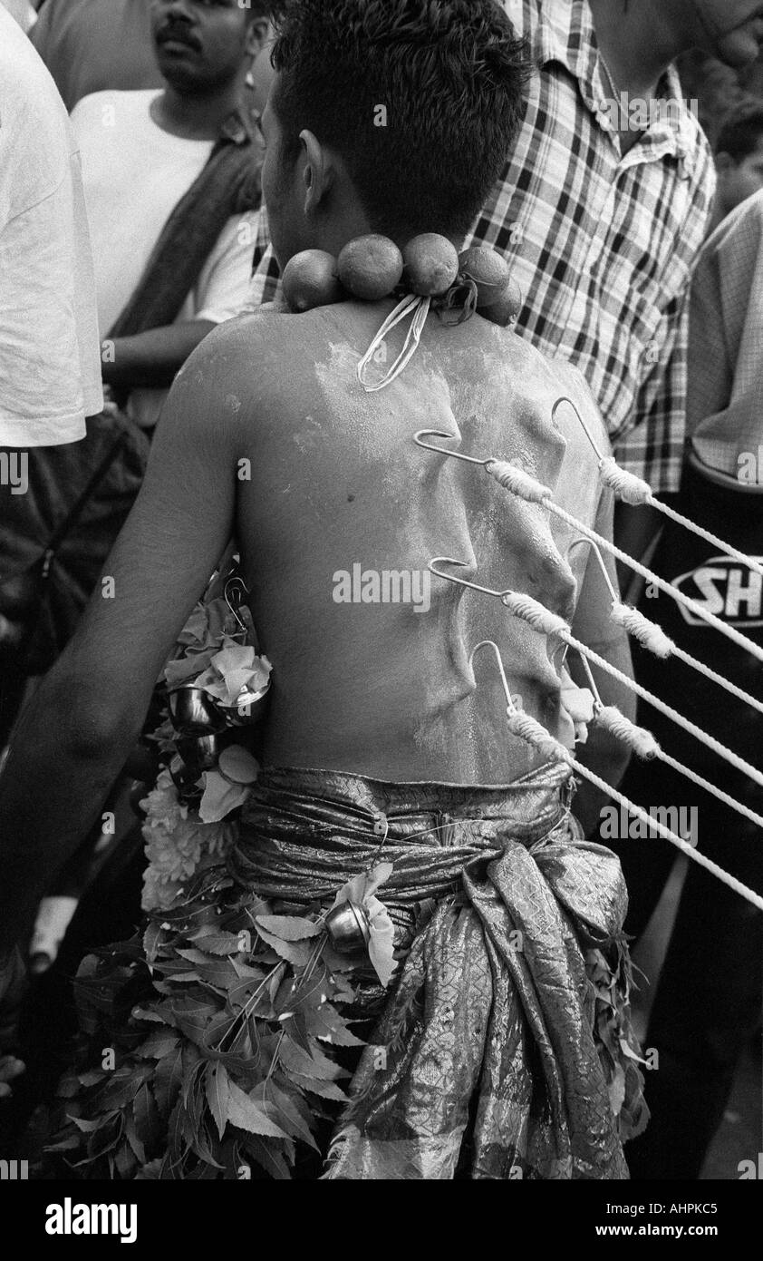 Man skin pierced with hooks on his back during the annual Hindu Stock