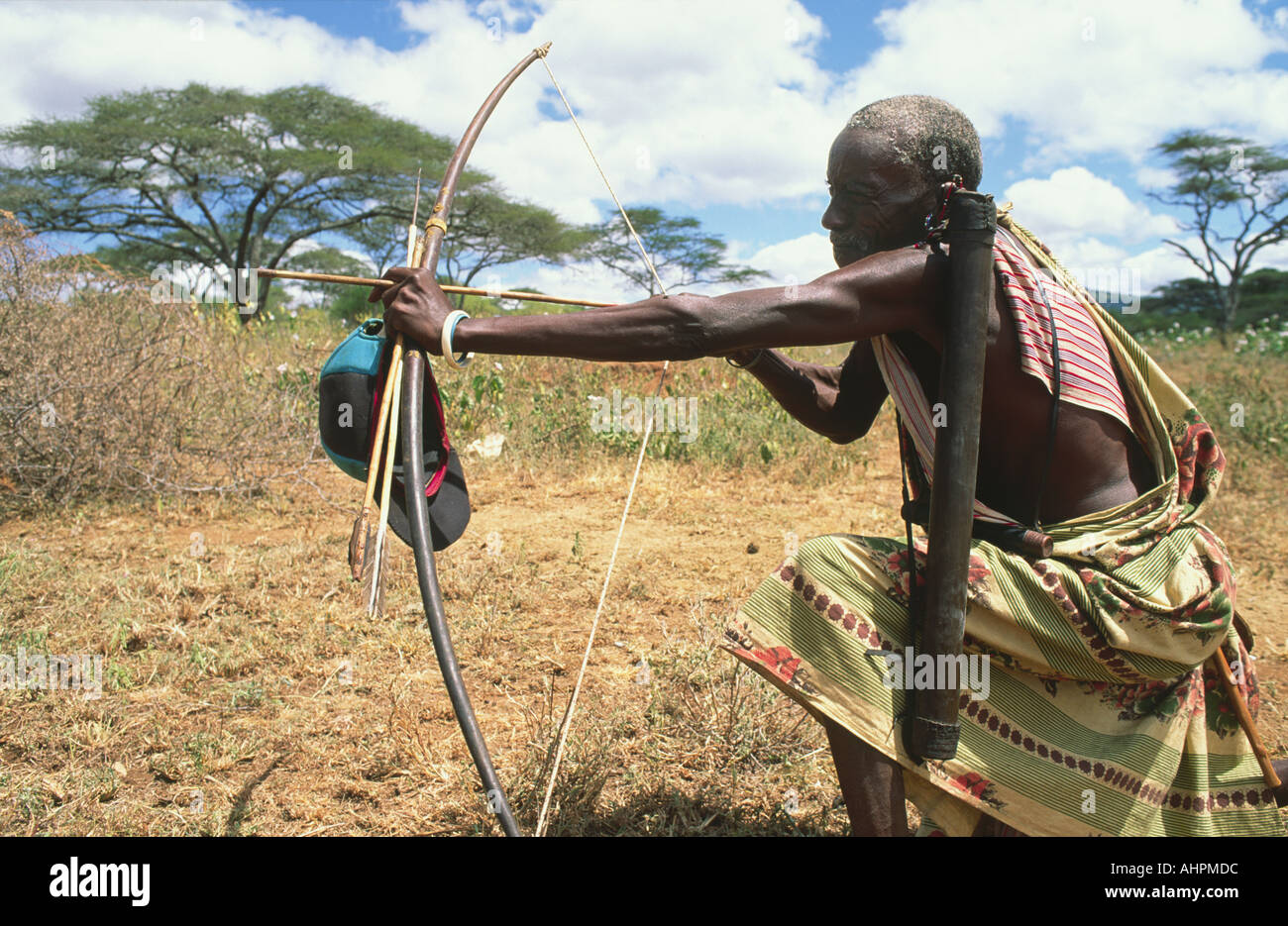 Elderly Maasai tribesman with his hunting bow. Kajiado, Kenya Stock