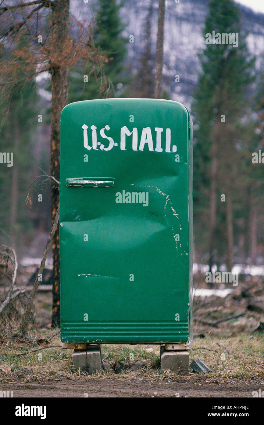 Green refrigerator mailbox in Northern Montana Stock Photo