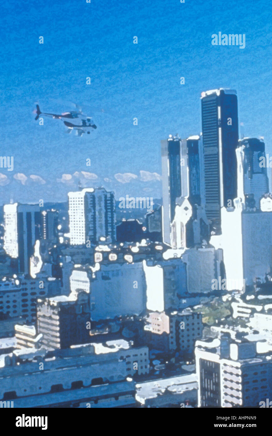 Photo impression of helicopter flying over downtown Los Angeles California Stock Photo