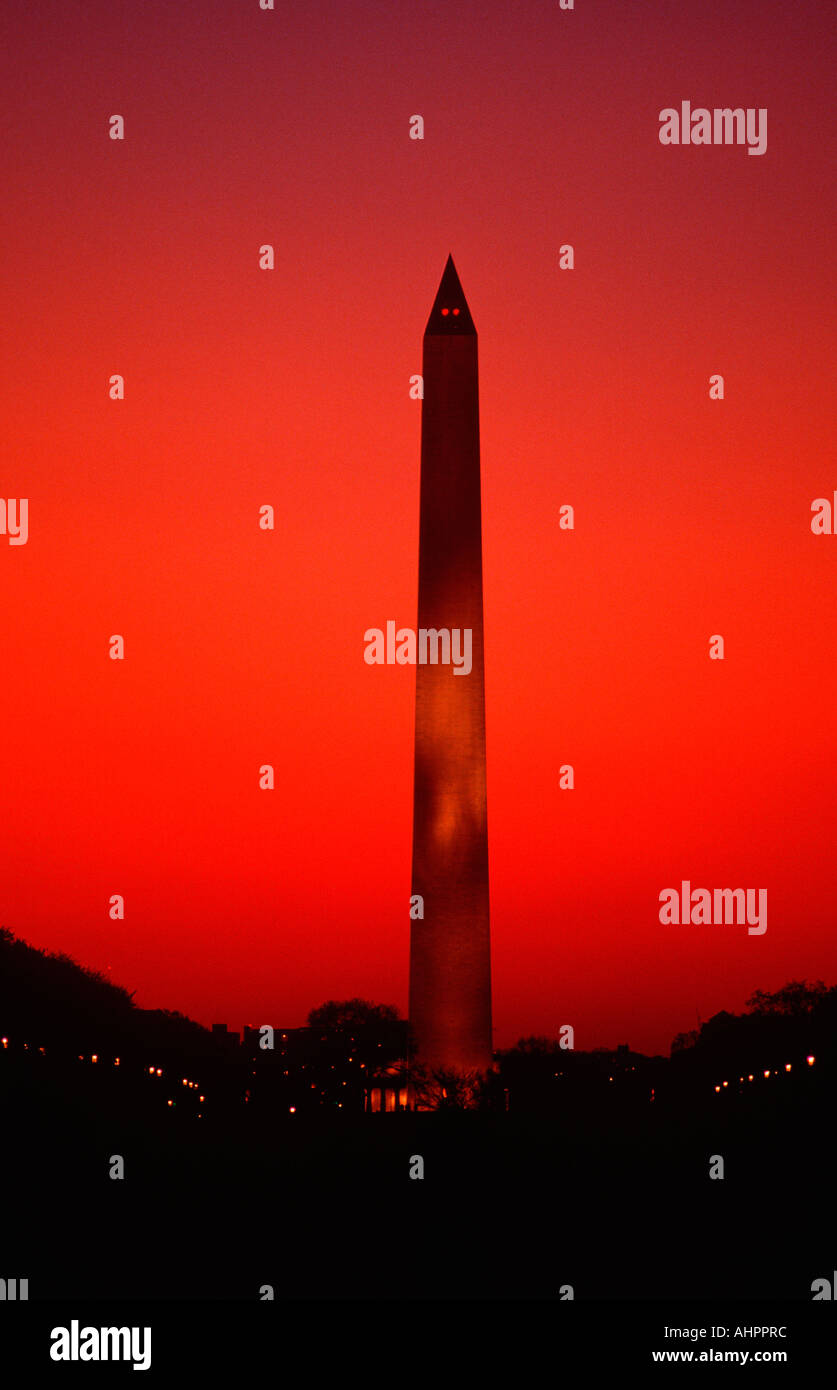 Washington Monument at sunset with red sky at sunset Washington D C Stock Photo