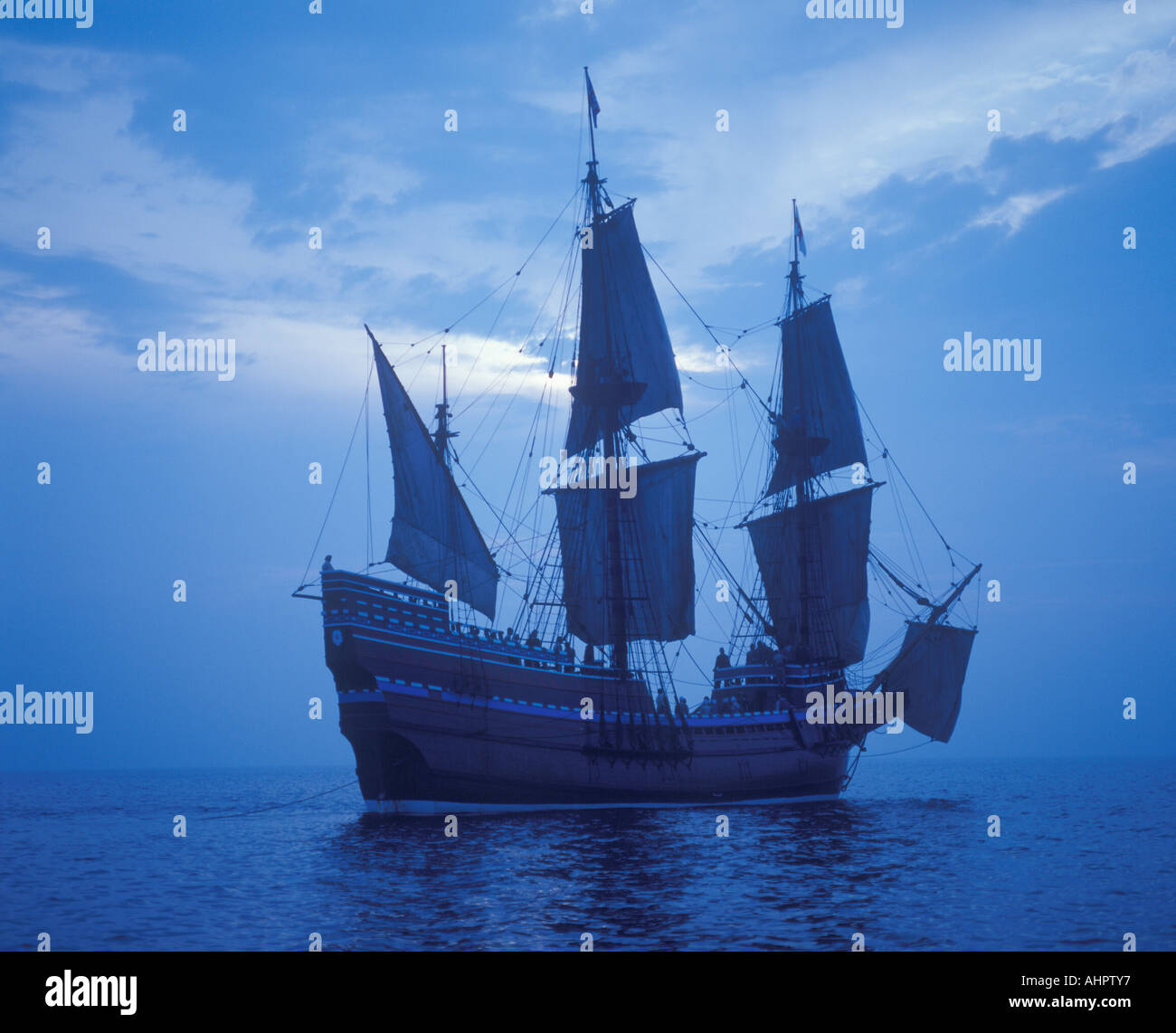 1620 Mayflower II replica Pilgrims Sail to New World Stock Photo