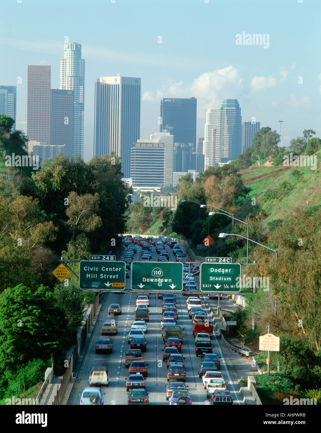 Morning rush hour traffic on Pasadena Freeway into downtown Los Angeles California Stock Photo