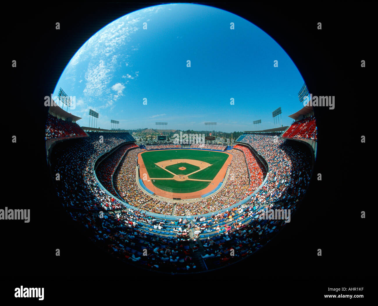 Fisheye view of stadium from the press box at Dodger Stadium Los Angeles California Stock Photo
