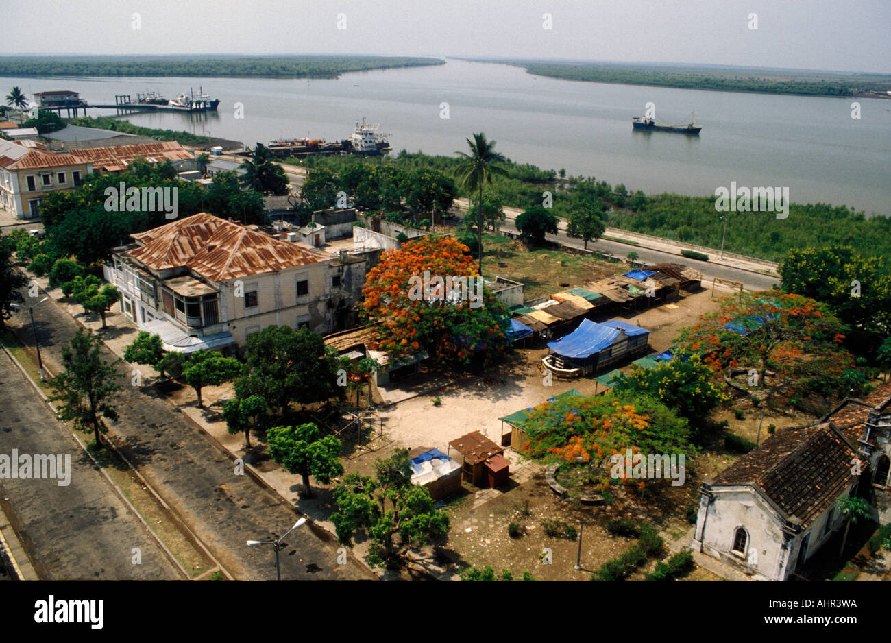 View over the waterfront with the Cathedral built in 1776, Quelimane, Mozambique Stock Photo