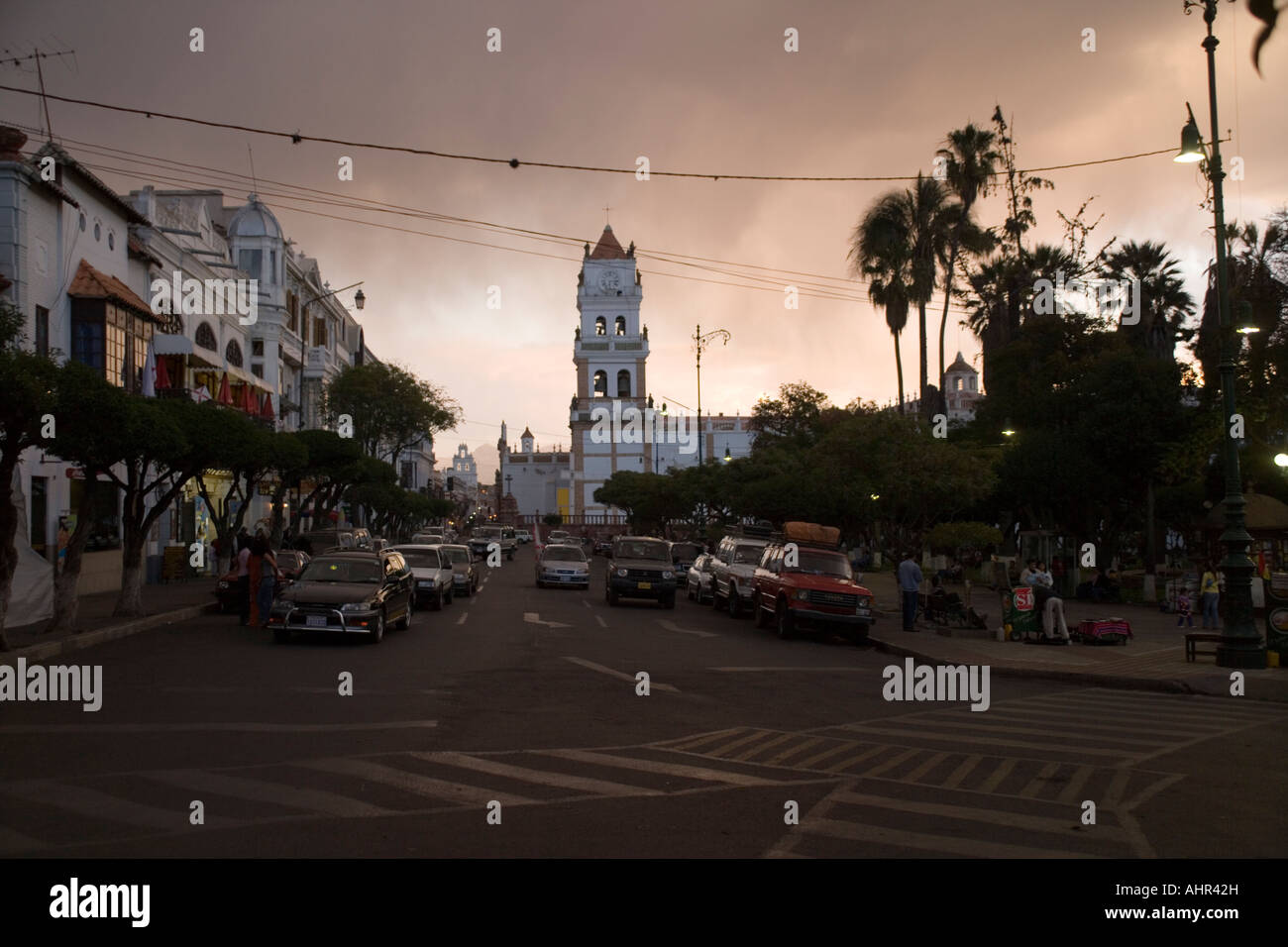 Sunset in  in the Plaza de 25th Mayo and the cathedral tower against the evening sky, Sucre, Altiplano, Bolivia Stock Photo