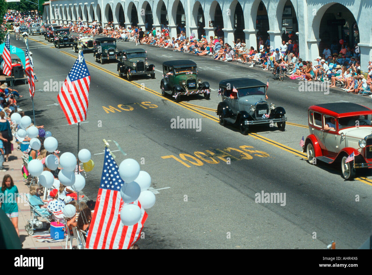 Classic cars in Independence Day Parade Ojai CA Stock Photo