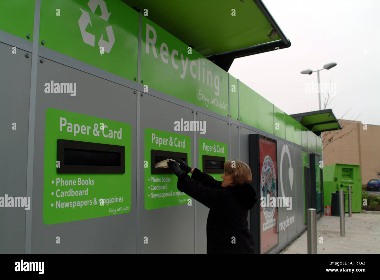 Recycling Site Situated In Supermarket Car Park Winchester Accepts Card Paper And Glass Sorting The Colours Automatically Stock Photo Alamy