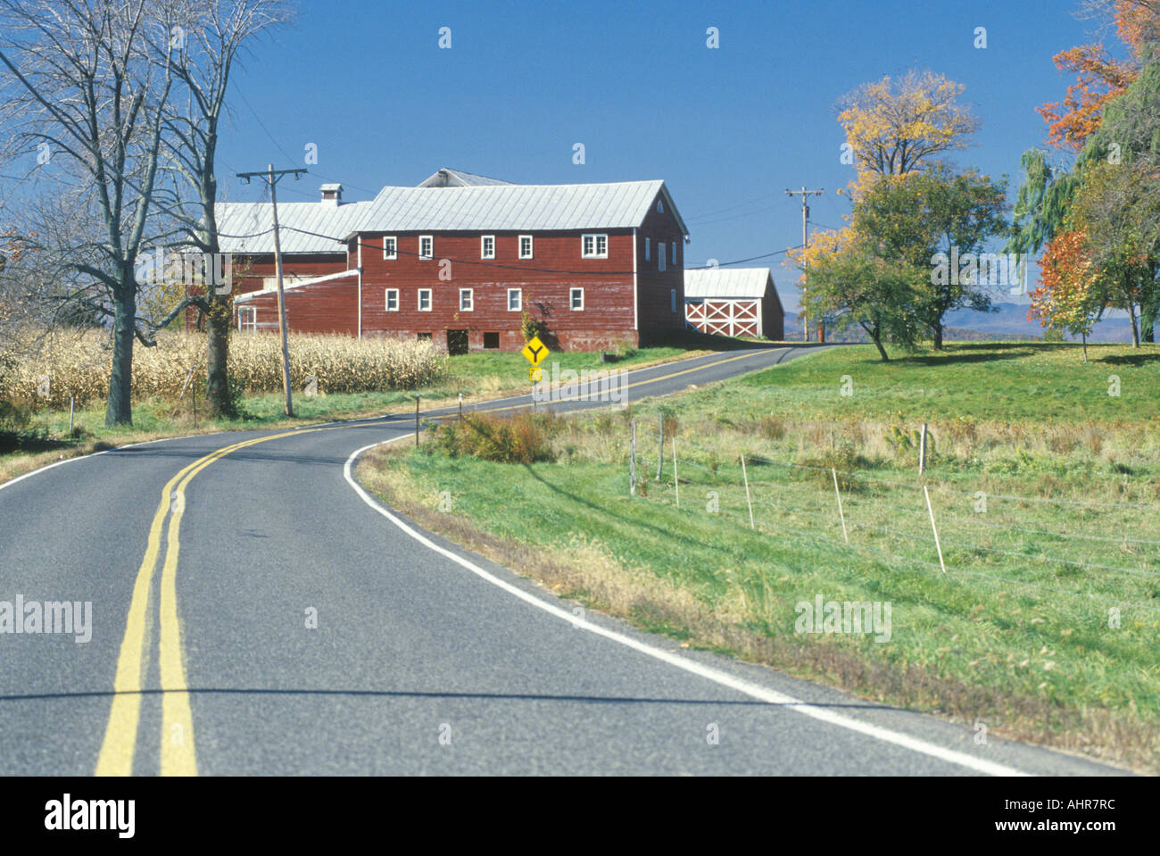 A red barn and scenic route 9G in the Hudson River Valley NY Stock Photo