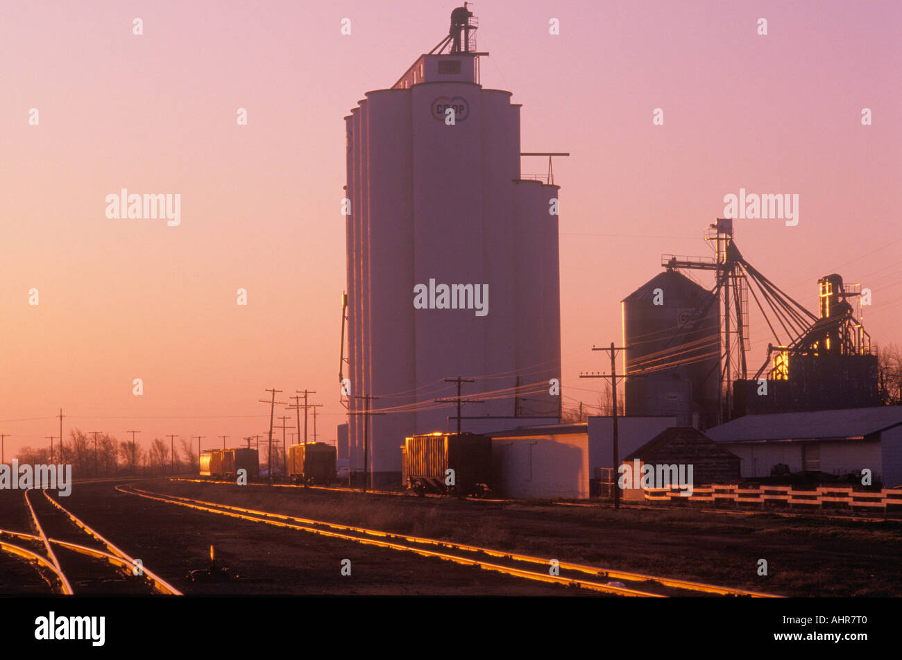 Grain silo co op in KS at sunset Stock Photo