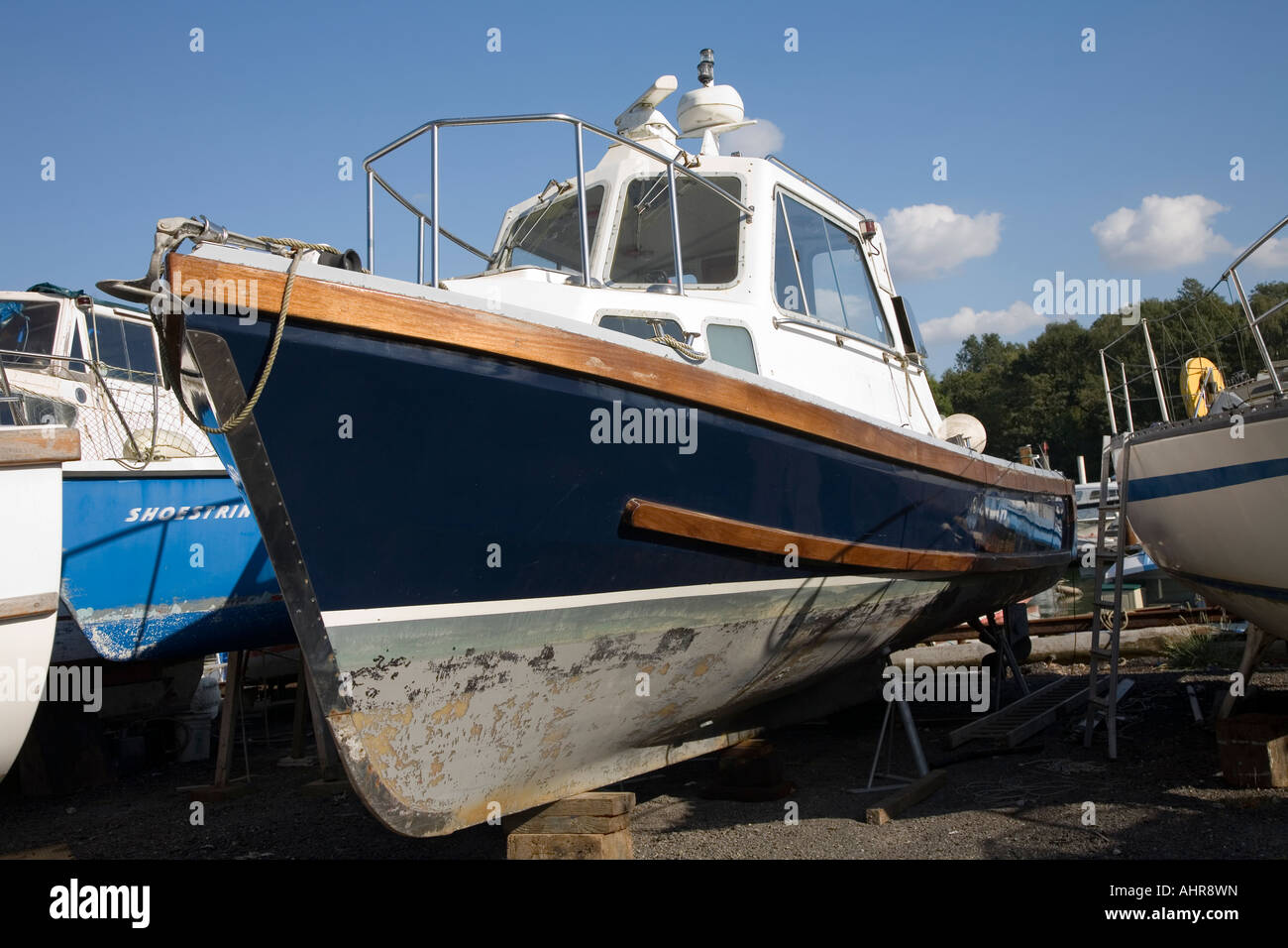 Summer 2007 Hampshire boatyard with boat out of the water Stock Photo