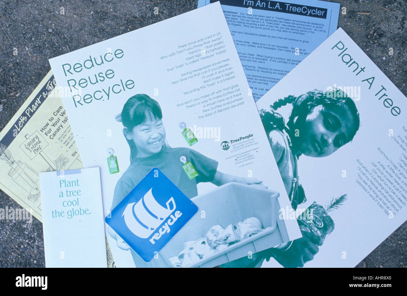Various pamphlets describing ways to improve the environment Stock Photo