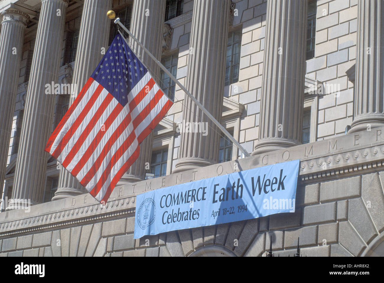 A sign indicating the celebration of Earth Week at The Department of Commerce in Washington D C Stock Photo