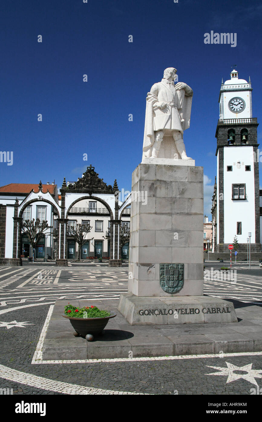 Statue of Gonçalo Velho Cabral in Ponta Delgada downtown Sao Miguel island Azores Portugal Stock Photo