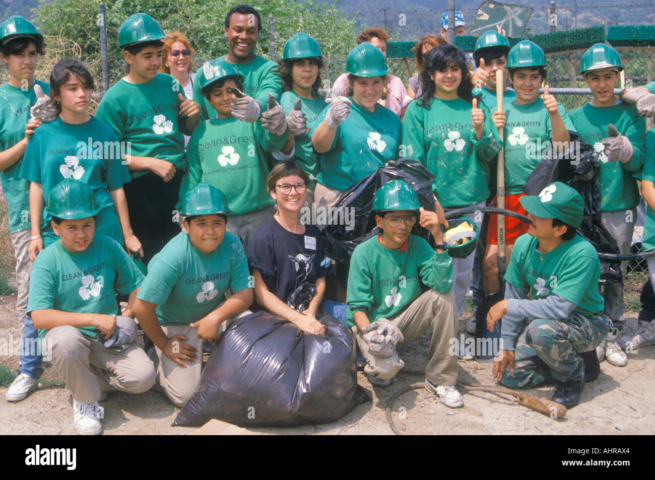 Clean Green environmental volunteers at a river cleanup part of the Los Angeles Conservation Corps Stock Photo