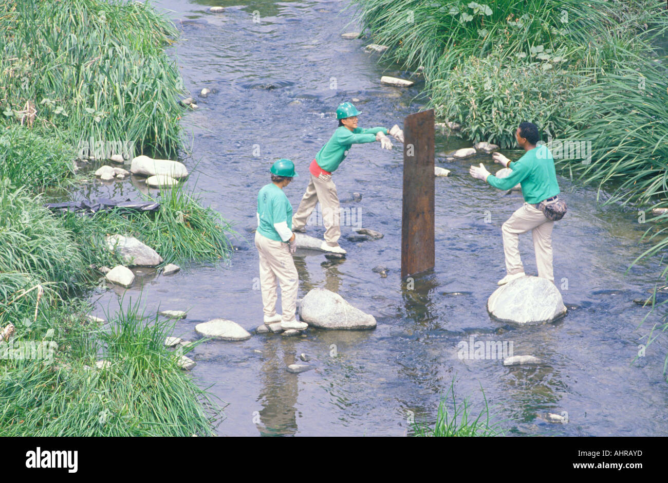 A group of clean up workers retrieving an abandoned log from a river Stock Photo