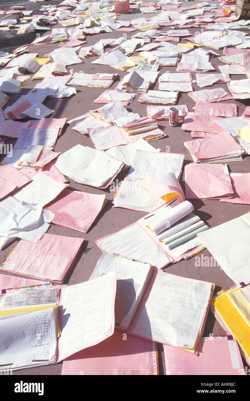 Medical records strewn over the floor in a medical building in Los Angeles after the January 17 1994 earthquake Stock Photo