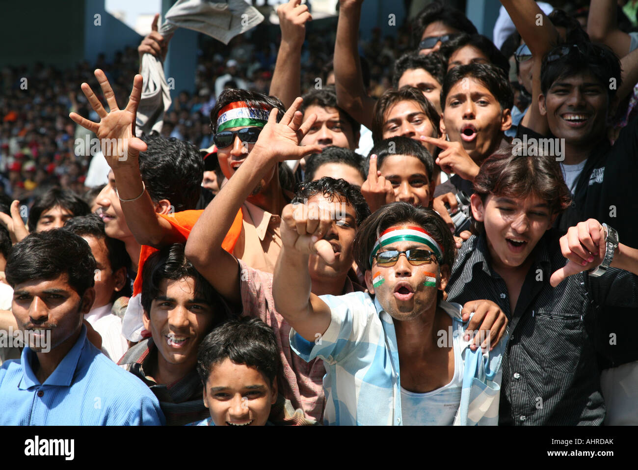 Indian cricket fans excited chanting songs singing stadium India mumbai Stock Photo