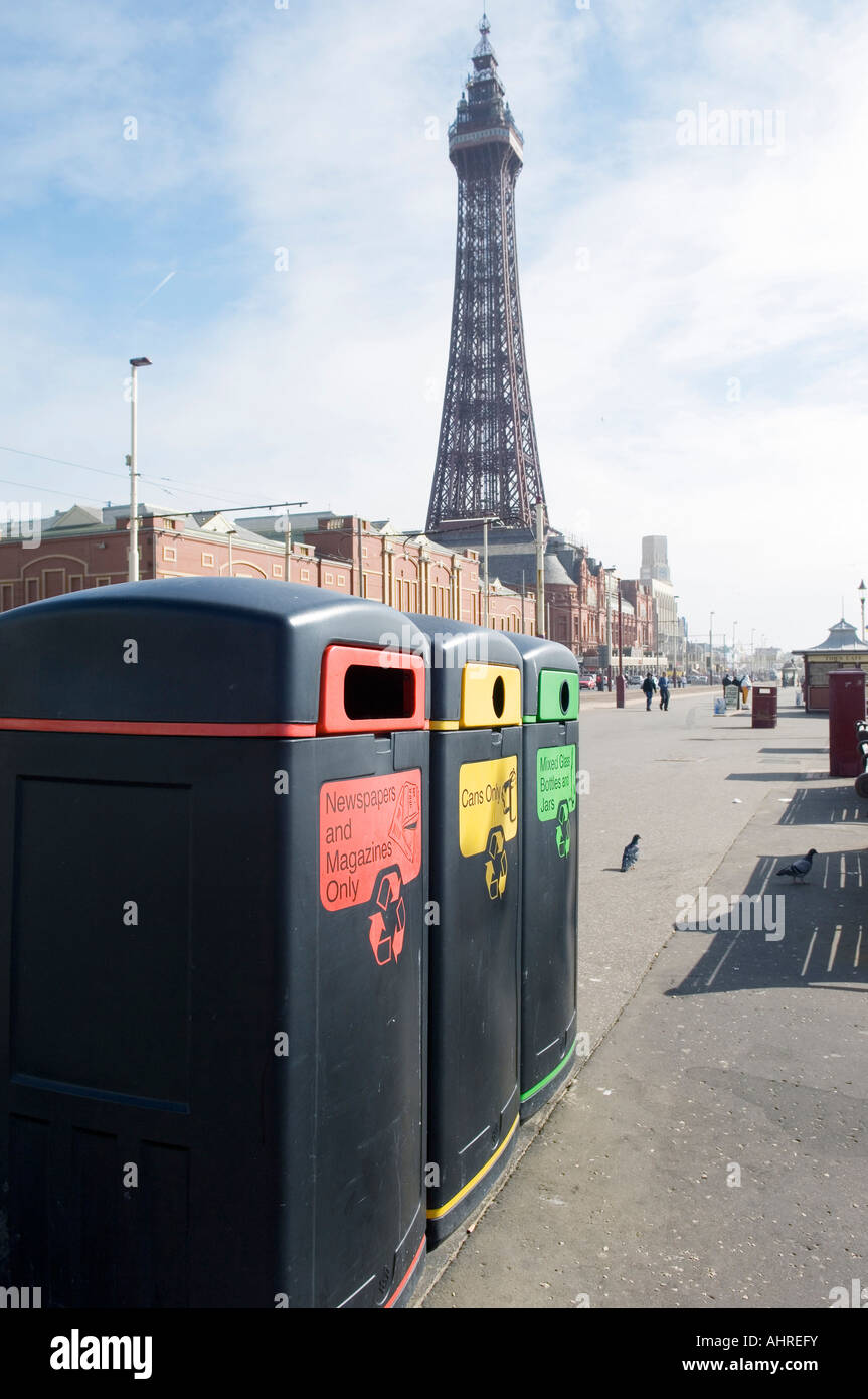 Recycling bins on Blackpool Promenade in front of the tower Stock Photo