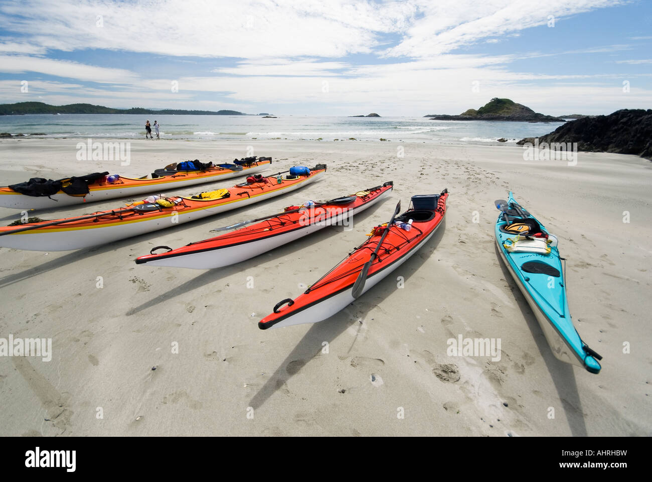 Sea Kayaks lined up on Medallion Beach Vargas Island BC Stock Photo Alamy